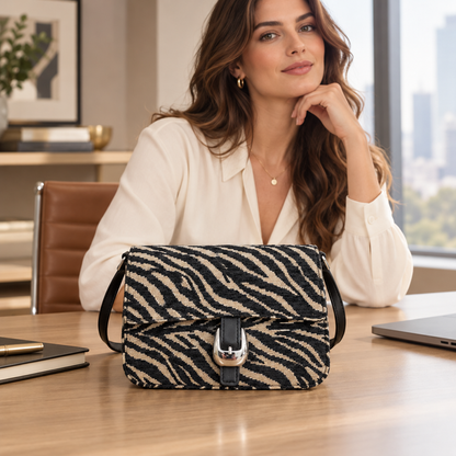 Zebra-print shoulder bag prominently displayed on an office desk with a professional model