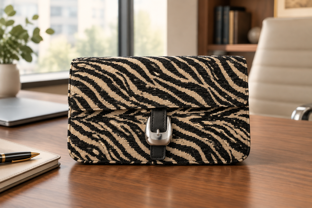 Zebra purse on an elegant office desktop