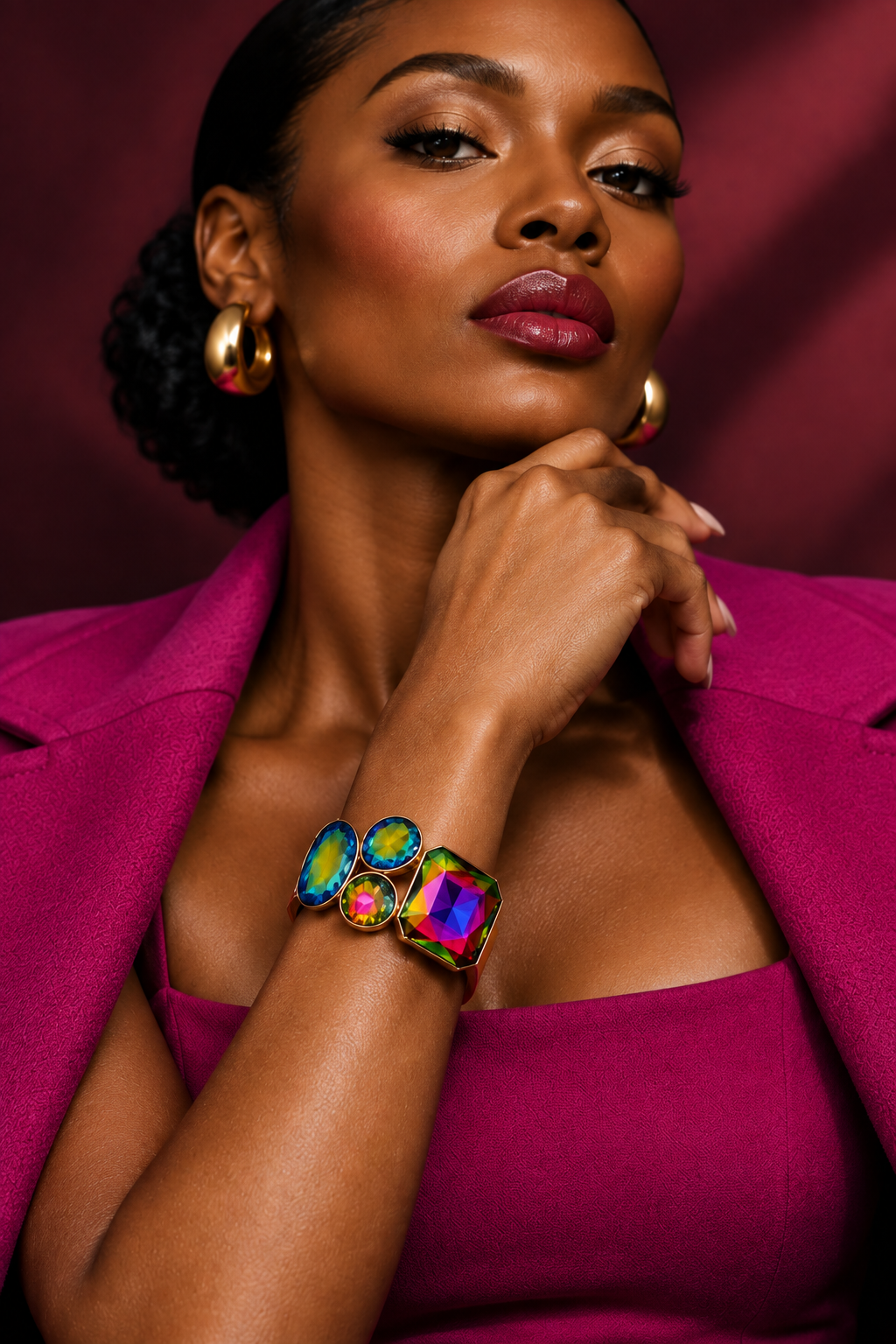 Zoomed-in portrait of the model in the magenta dress and overcoat, bracelet visible